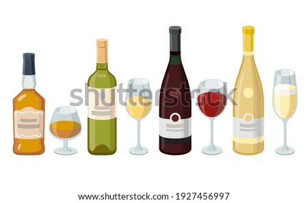 Wine and cognac bottles and wineglasses. Grape product, vector illustration isolated on white background.