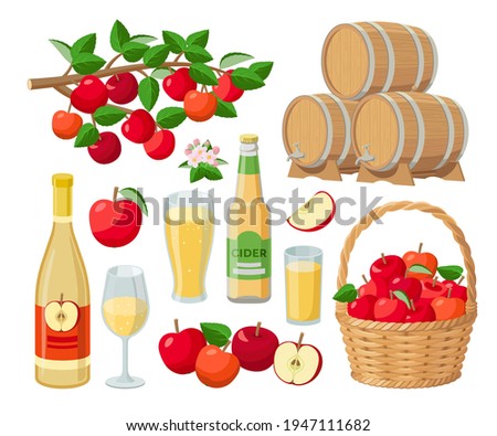 Cider set, red apples, bottles of cider, barrels, apples in basket, on branch with leaves. Apple harvest decorative elements, vector illustration set in flat design isolated on white background.