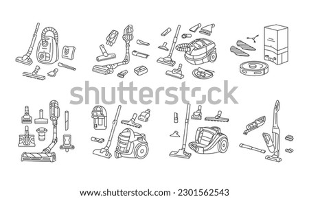 Set of vacuum cleaners line icons vector illustrations. Nozzle Set with Suction Brushes. Different vacuum cleaners tools