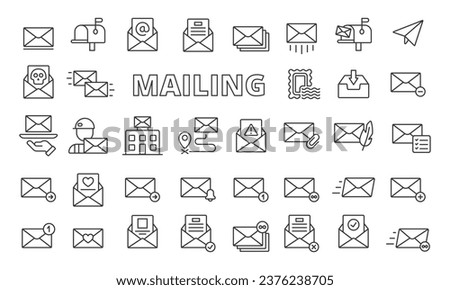 Mailing icons in line design.  
Envelope, mail, business, email, letter, address, send, receive, inbox, outbox, tracking icons isolated on white background vector.