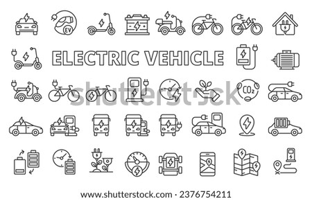 Electric vehicle icons set in line design. Business, scooter, electric car, battery, electric motor, charge, charging station vector illustrations. Electric vehicle icons