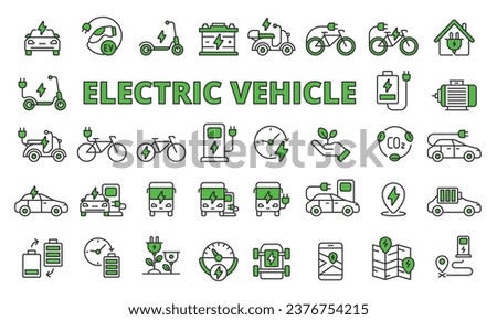 Electric vehicle icons set in line design green. Business, scooter, electric car, battery, electric motor, charge, charging station vector illustrations. Electric vehicle icons