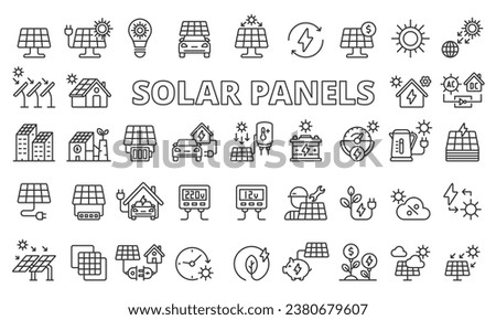 Solar panels icon set in line design. Energy, Green, Electricity, Charging, Solar Farm, Sun, Panel vector illustrations. Editable stroke icons.