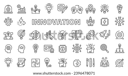 Innovation icon set line design. Innovation, idea, creativity, startup, development, teamwork, invention, evolution, revolution, business vector illustrations. Innovation editable stroke icons