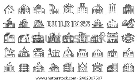 Buildings icons line design. House, city, architecture, cityscape, office, bank, hospital, store, factory, home vector illustrations. Buildings editable stroke icons.