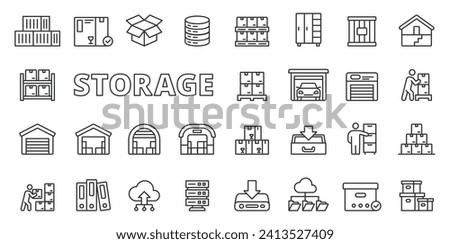 Storage icons in line design. Container, warehouse, box, pallet, warehousing, garage, stockroom isolated on white background vector. Storage editable stroke icon.