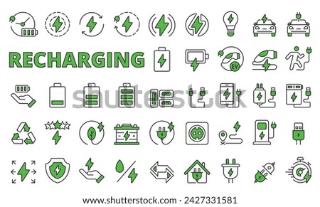 Recharging icons in line design, green. Recharging, battery, icon, charger, power, energy, electric, plug, adapter, station, isolated on white background vector. Recharging editable stroke icons.