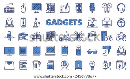 Gadgets icons in line design, blue. PC, gaming, game pad, game box, scales, bathroom scales, bulb, charger, scooter, coffee machine isolated on white background vector. Gadgets editable stroke icons.