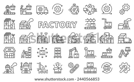 Factory icons in line design. Industry, manufacturing, work, technology, industrial, smart factory, conveyor isolated on white background vector. Factory editable stroke icons.