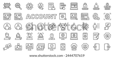 Account icons in line design. User, login, password, username, social, verification, sign up, sign in, registration, users isolated on white background vector. Account editable stroke icons.