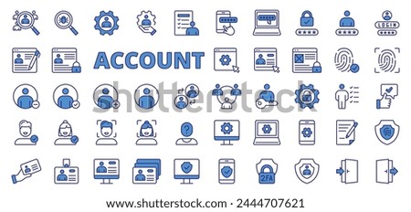 Account icons in line design, blue. User, login, password, username, social, verification, sign up, sign in, registration, users isolated on white background vector. Account editable stroke icons.