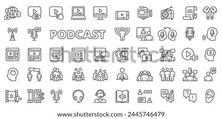 Podcast icons in line design. Streaming, interviews, broadcasting, microphone, podcaster, broadcasts, talk, guests, podcasting isolated on white background vector. Podcast editable stroke icons