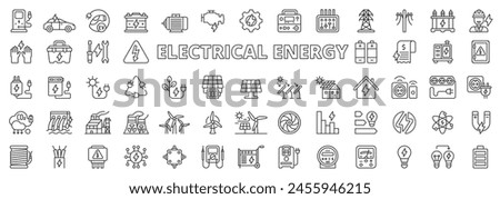 Electrical energy in line design. Electrical, energy, icons, charge, industry, battery, solar panel, green, electricity on white background vector. Electrical energy editable stroke icons.