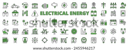 Electrical energy in line design, green. Electrical, energy, icons, charge, industry, battery, solar panel, green, electricity on white background vector. Electrical energy editable stroke icons.