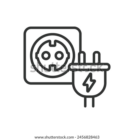 Plug in, in line design. Plug in, plug, socket, electrical, outlet on white background vector. Plug in editable stroke icon.