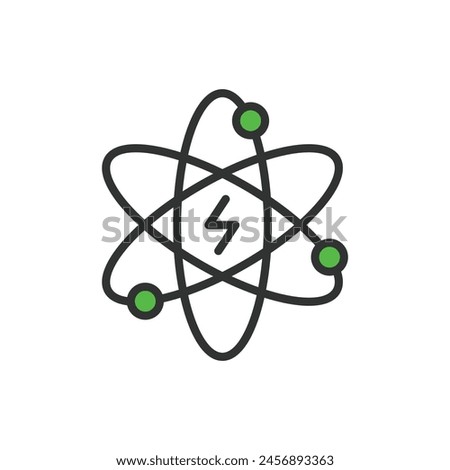 Atomic energy, in line design, green. Atomic energy, nuclear, power, reactor, uranium, fission, radiation on white background vector. Atomic energy editable stroke icon.