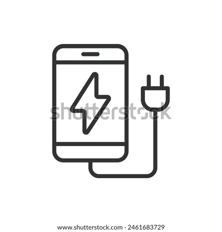 Phone charging, in line design. Phone, Charging, Battery, Power, Mobile, Cable, Charger on white background vector. Phone charging editable stroke icon.