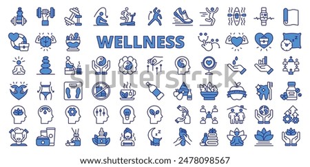 Wellness, in line design, blue. Wellness, health, relaxation, mindfulness, meditation, yoga, fitness on white background vector. Wellness editable stroke icons.