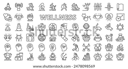 Wellness, in line design. Wellness, health, relaxation, mindfulness, meditation, yoga, fitness on white background vector. Wellness editable stroke icons.