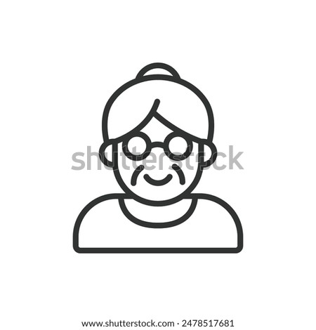 Old woman, in line design. Old, woman, elderly, senior, grandma, aged, retired on white background vector. Old woman editable stroke icon.