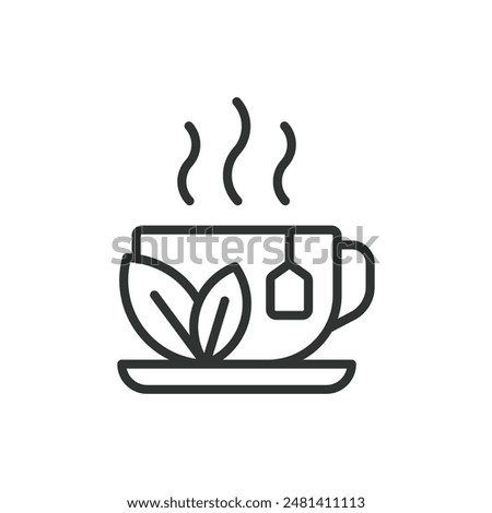 Herbal tea, in line design. Organic, natural, wellness, infusion, health, relaxation on white background vector. Herbal tea editable stroke icon.