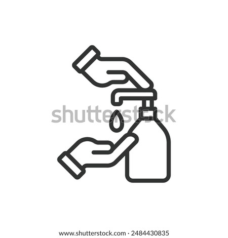 Sanitizer, in line design. Hand hygiene, disinfection, hand sanitizer, germ-free, alcohol-based sanitizer, antibacterial gel on white background vector. Sanitizer editable stroke icon.