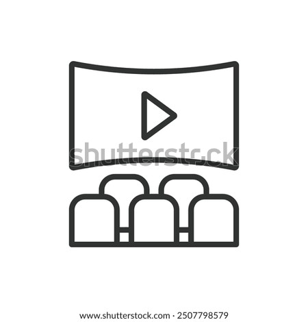 Cinema Hall, in line design. Movie theater, Big screen, Popcorn, Film, Seating, Projector, Cinema screen on white background vector. Cinema Hall editable stroke icon.