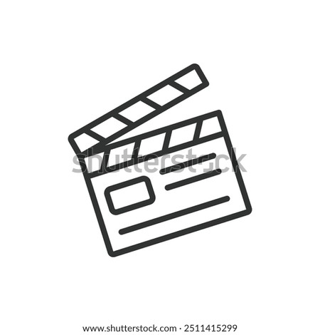 Movie clapper, in line design. Clapperboard, film clapper, slate board, cinema clapper, movie slate, filmmaking on white background vector. Movie clapper editable stroke icon