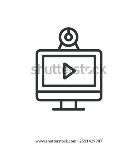 Webcam video, in line design. Call, online meeting, webcam icon, video chat, webcam streaming, internet video on white background vector. Webcam video editable stroke icon.