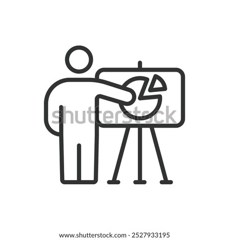 Presentation, in line design. Presentation, slideshow, meeting, business, pitch, report, graph on white background vector. Presentation, in line design editable stroke icon