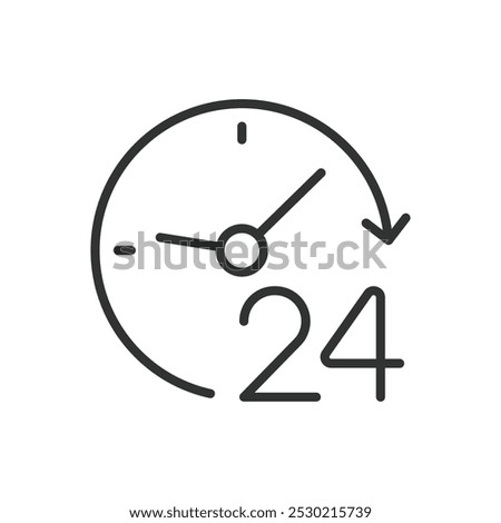 24 hours, in line design. 24 hours, around the clock, time management, open all day, continuous service, always available, non-stop on white background vector. 24 hours editable stroke icon