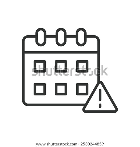 Calendar error, in line design. Calendar error, mistake, scheduling, reminder, notification, issue, alert on white background vector. Calendar error editable stroke icon