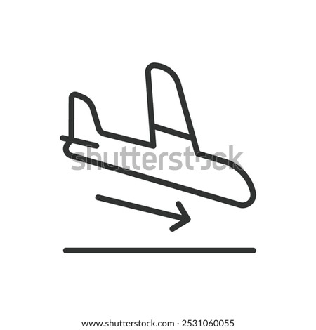 Departure, in line design. Departure, airplane takeoff, airport, travel, flight, takeoff icon, journey on white background vector. Departure editable stroke icon