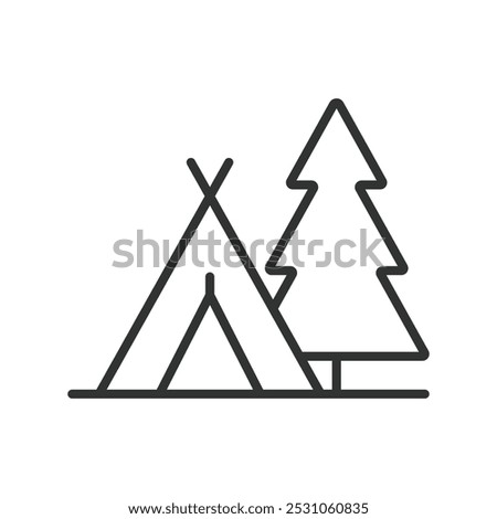 Camping, in line design. Camping, tent, campfire, outdoor, nature, campsite, hiking on white background vector. Camping editable stroke icon