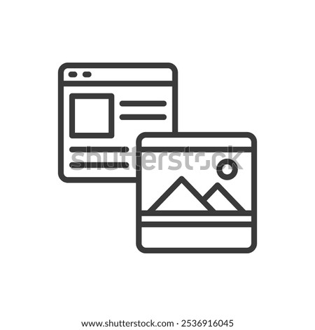 Website Content Filling, in line design. Content, filling, website, text, images, media, uploading on white background vector. Website Content Filling editable stroke icon