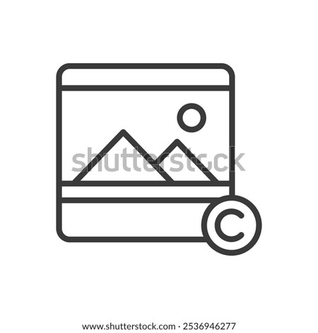 Image copyright, in line design. Image, copyright, protection, intellectual, ownership, legal, digital on white background vector. Image copyright editable stroke icon