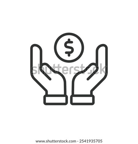  Donation Money Hands, icon in line design. Donation, money, hands, charity, giving, help, support on white background vector. For the theme: Donation Money Hands editable stroke icon