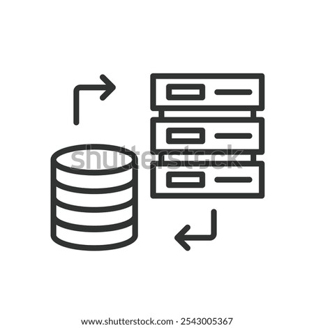 Communications between servers, icon in line design. Servers, communication, network, connection, data, transfer, protocol on white background vector. Communications between servers editable stroke