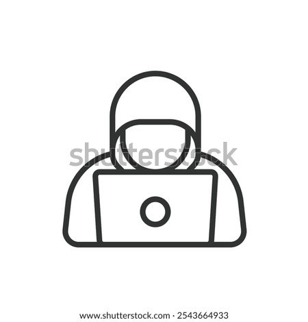 Hooded hacker, icon in line design. Hooded, hacker, cybersecurity, anonymous, dark, computer, threat on white background vector. Hooded hacker editable stroke icon