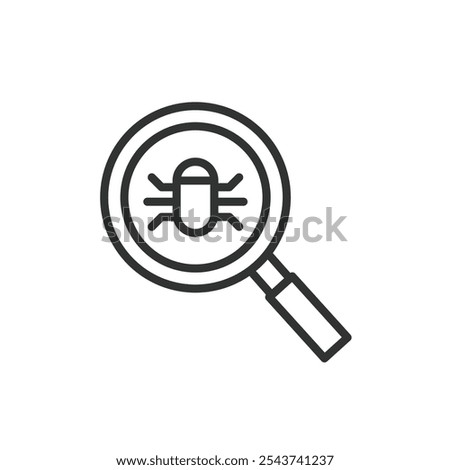 Virus search, icon in line design. Virus, search, detection, malware, security, scan, antivirus on white background vector. Virus search editable stroke icon