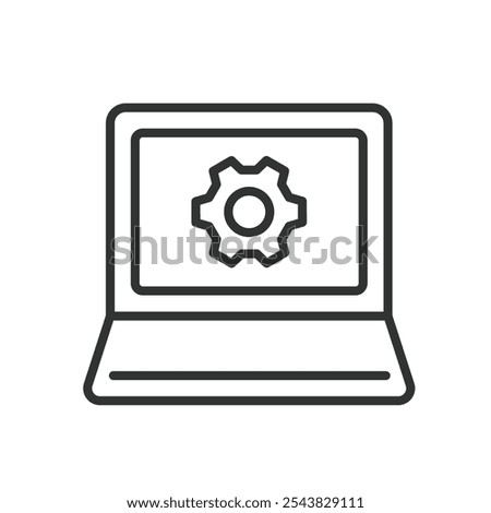 Laptop configuration, icon in line design. Laptop, configuration, settings, setup, system, hardware, software on white background vector. Laptop configuration editable stroke icon