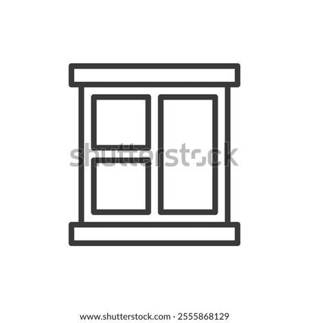 Apartment window, icon in line design. Apartment, window, home, living, frame, residential, curtain on white background vector. Apartment window editable stroke icon