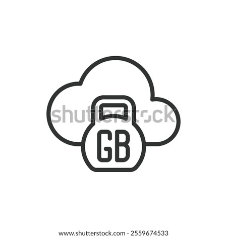 Cloud gigabytes, icon in line design. Cloud, gigabytes, storage, data, digital, capacity, memory on white background vector. Cloud gigabytes editable stroke icon