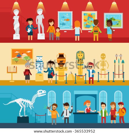 Art gallery visitors and antique museum of paleontology flat banners abstract isolated vector illustration. People look at the exhibition with guide, children go to excursion  infographic elements