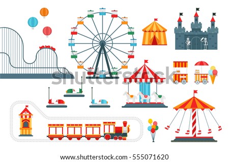 Amusement park vector flat elements isolated on white background for infographic map design. Architecture entertainment elements for family rest in the park. Colorful Ferris wheel, carousel, circus 商業照片 © 