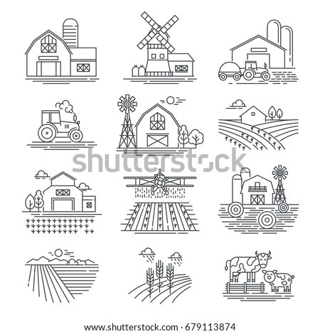 Farm and farming fields linear vector icons isolated on white background. Farming and agriculture life concept. Harvester tractors and village buildings. Thin black line style