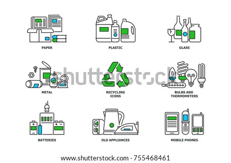 Set of recycling icons in line design. Recycle vector flat illustrations. Waste paper, metal, plastic, glass, bulbs, e-waste, mobiles and appliances icons isolated on while background stock vector
