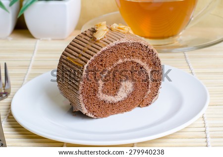 Chocolate roll cake with caramel