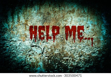 Help me bloody on dirty brick wall with vintage and vignette tone - Horror and Scary Wall background