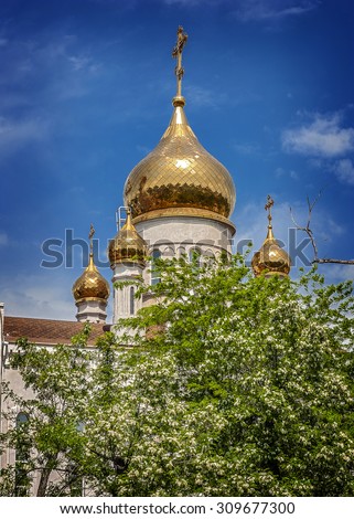 Church Dmitry Rostovsky - Orthodox church in Rostov -on-Don , Russia . A bright day in May , the sun glare on the gilded dome . Blossoming acacia.